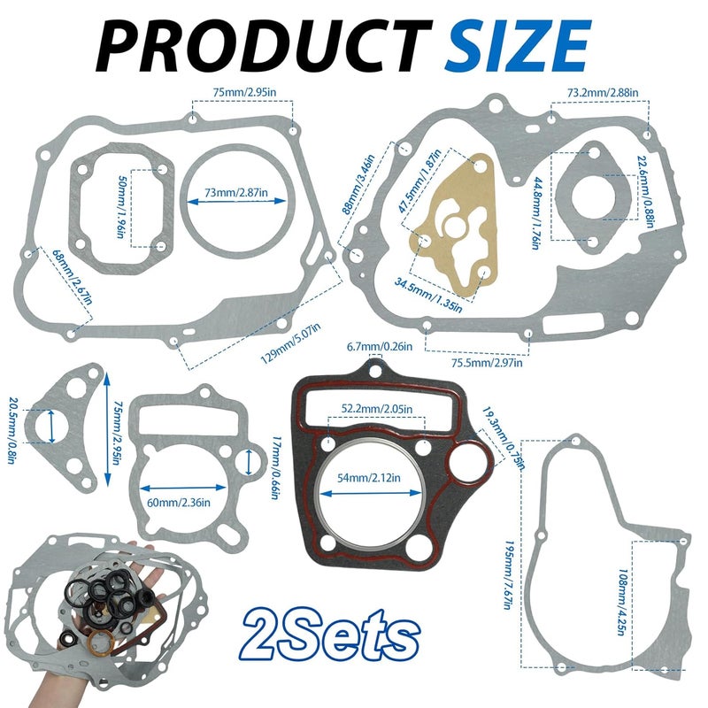 TNJPSEK 2 Pack 125cc Chinese Engine Gasket Kit, 54mm Bore Cylinder Head Stator Clutch Intake Gasket Compatible with 110cc-125cc Engine ATV Dirt Bike Go Kart 4 Wheeler Dune Buggy (1P54FMH 1P54FMI) - Image 3